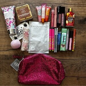 Beauty Bag Lot Eyeliner, NYX lip gloss, body care w/ Pink, Silver, Blue Shades